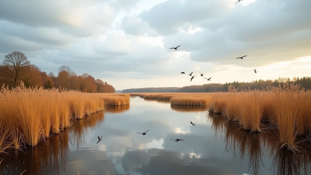 Autumn wetland with golden reeds reflected in water, birds in flight silhouetted against cloudy sky