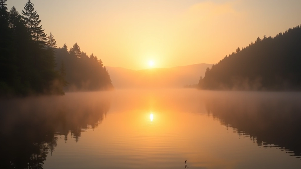 Beautiful sunrise over calm lake with warm light reflecting on water