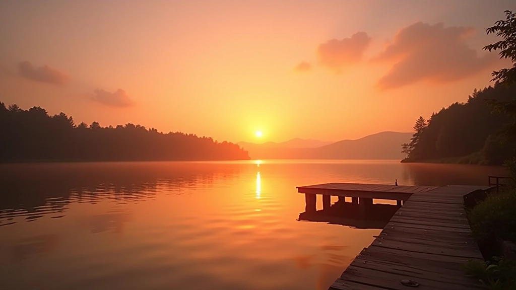 Golden hour sunset view across open lake with warm orange and pink sky reflecting on calm water, silhouetted shoreline in foreground