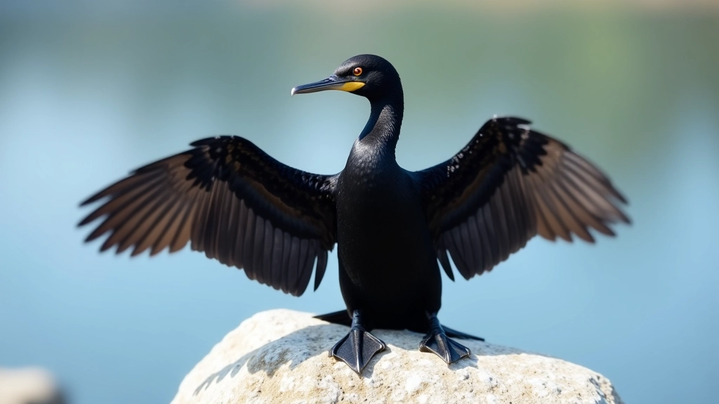 Cormorant on rock with wings spread open drying feathers, dark black plumage, water in background