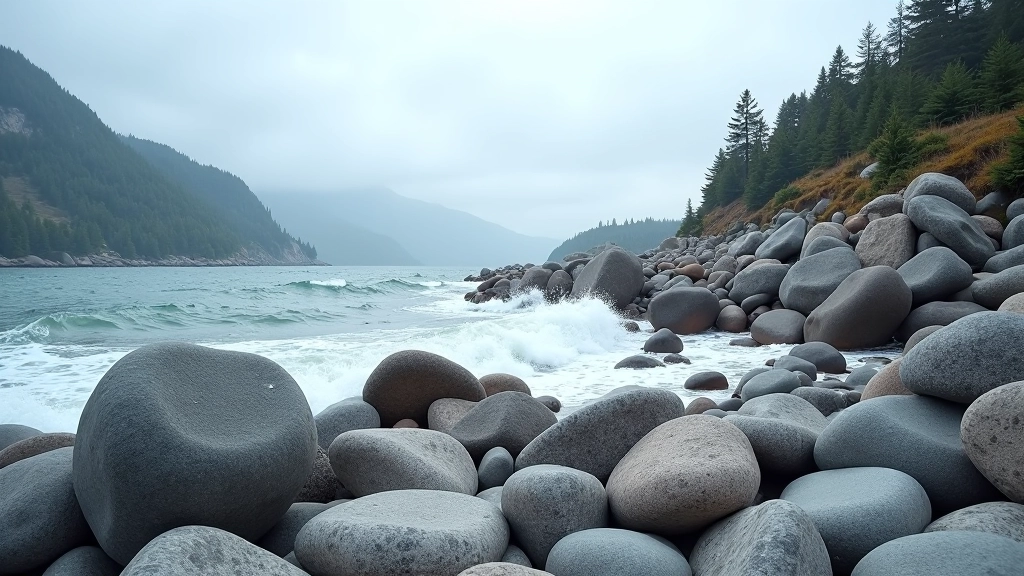 Rocky outcrop with smooth gray stones, white water lapping against rocks, dramatic shoreline cliffs in background, moody overcast sky