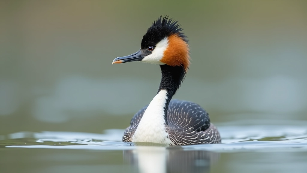 Great crested grebe on water displaying distinctive black crest feathers, elegant neck posture, calm lake setting