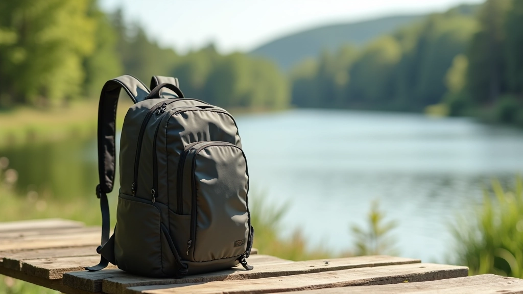Hiking backpack with multiple compartments displayed on wooden bench beside lake, organized gear setup