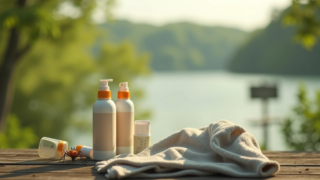 Various insect repellent bottles and mosquito netting displayed with light-colored cotton clothing on nature background