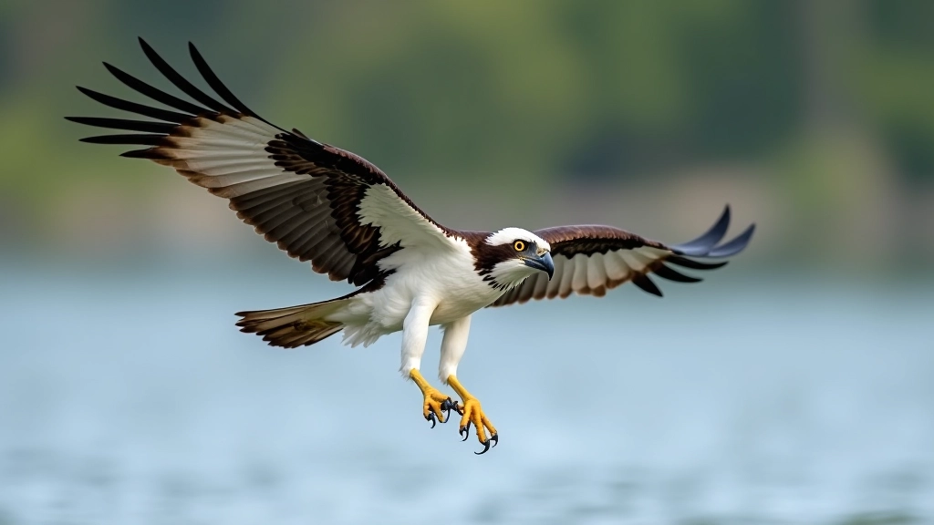 Osprey in mid-dive over water with talons extended, dark upperparts and white underparts visible, water splash below