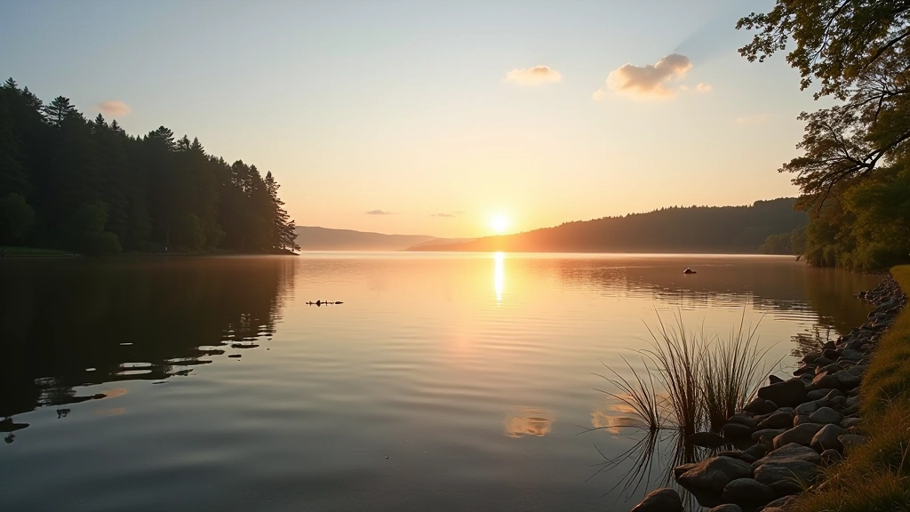 Scenic view of Rāzna Lake with golden hour light reflecting on water