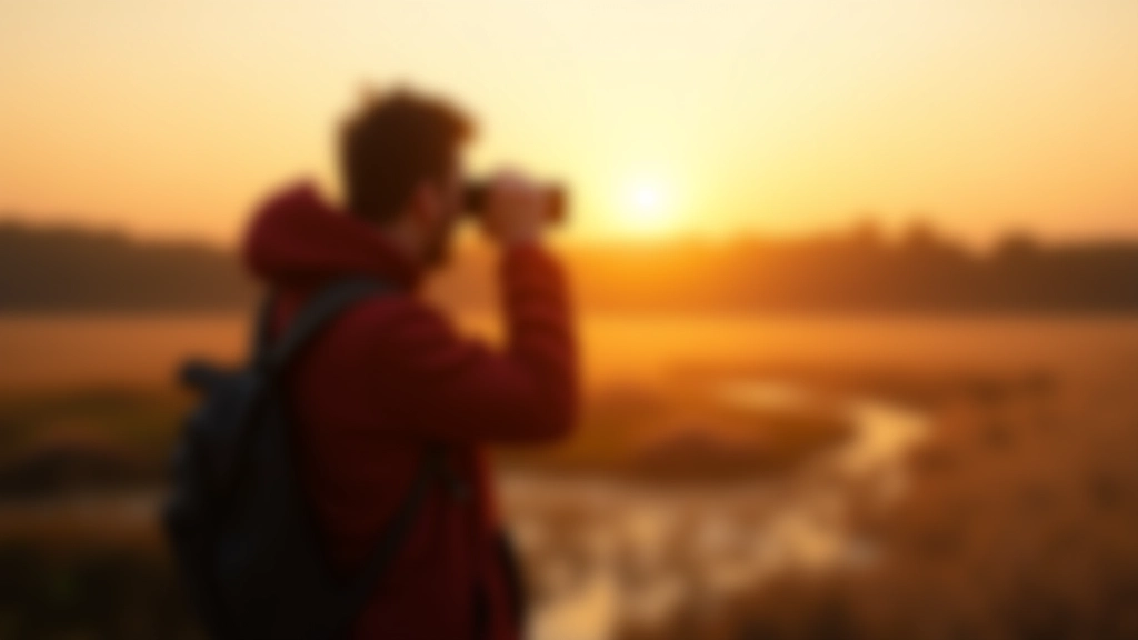 Bird watcher with binoculars standing on observation platform at dawn, watching water below, golden light breaking through trees