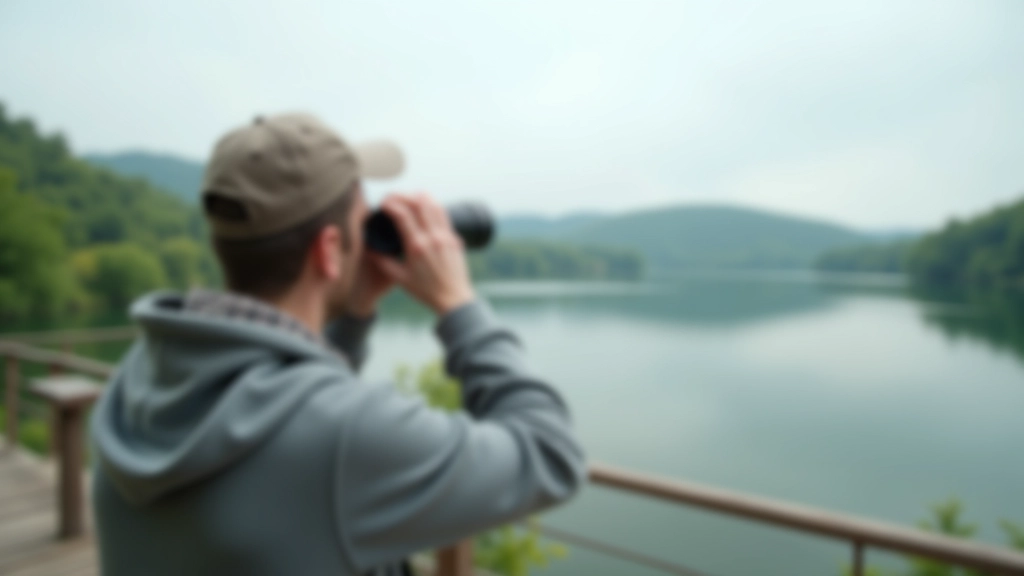 Person bird watching with binoculars looking out over water