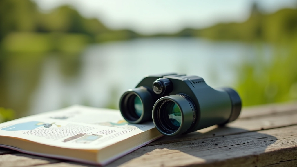 Close-up of quality binoculars resting on nature field guide book with bird illustrations, outdoor setting with green blurred background