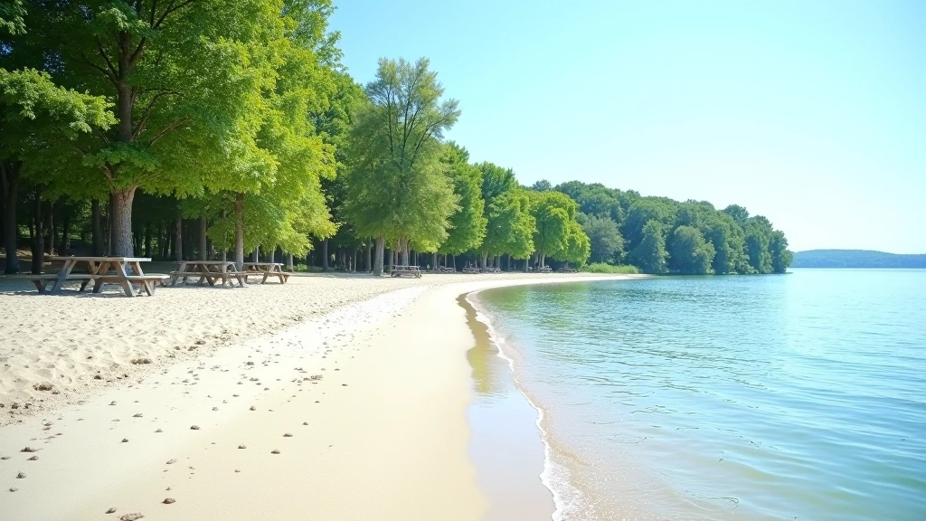 Shallow cove with sandy beach, calm blue-green water, and tree-lined shore under bright midday sun