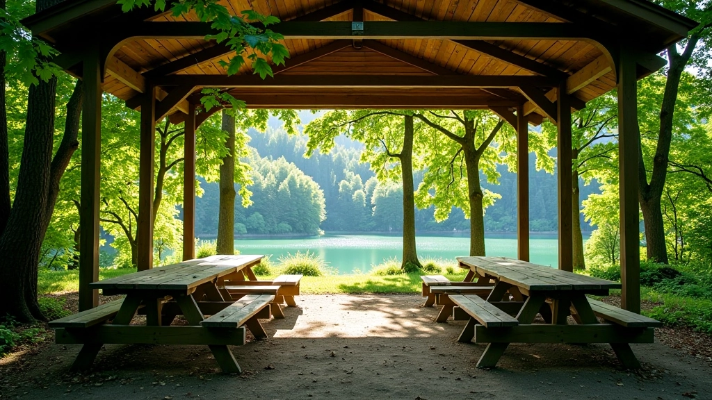 Sheltered wooded picnic area with two wooden tables, benches, tall pine trees overhead creating dappled shade, calm water visible beyond trees