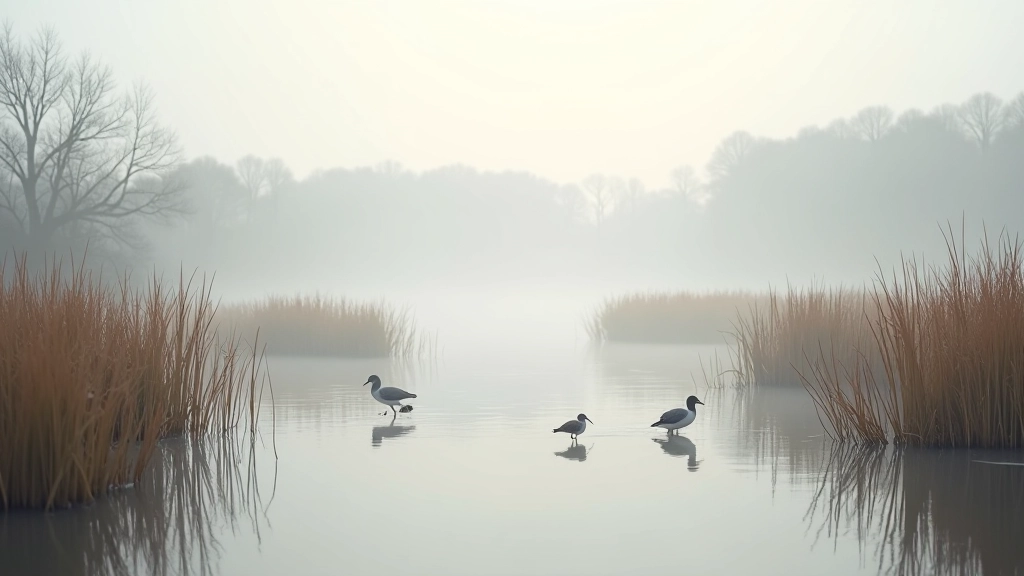 Spring wetland landscape with emerging vegetation and calm water reflecting sky, birds visible at water's edge