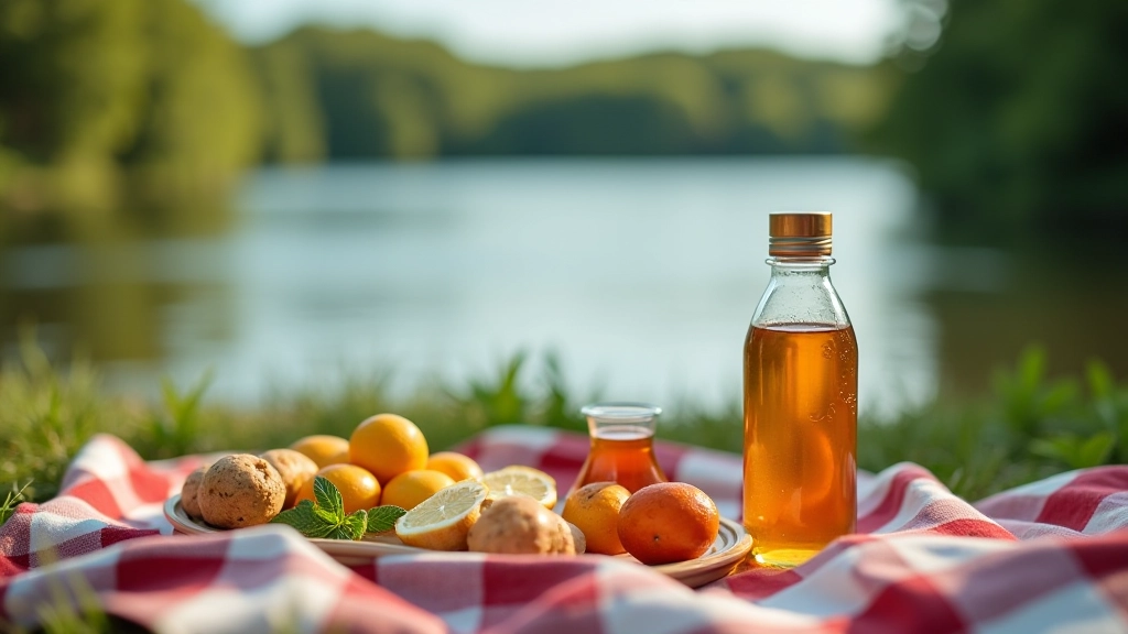Water bottle and snack items arranged on picnic blanket by lakeside with wooden platform visible in distance