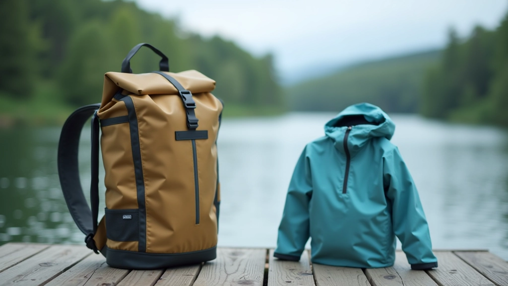 Waterproof backpack and rain jacket displayed on wooden dock beside calm lake water, overcast sky, realistic outdoor gear photography