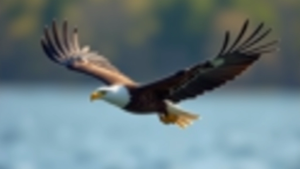 White-tailed eagle in flight over water with wings spread, pale head and dark brown body visible, morning sunlight