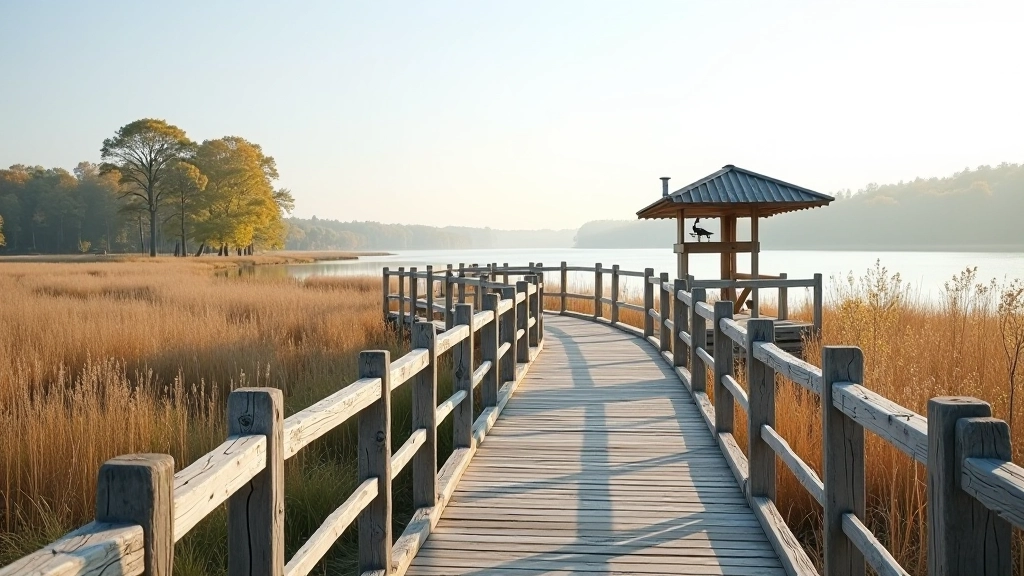 Wooden observation platform overlooking wetland marsh with tall reeds and calm water beneath clear sky