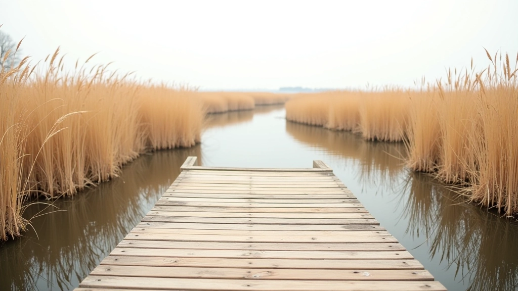 Elevated wooden platform with railings overlooking vast marsh with tall brown reeds, still water, and distant tree line under soft diffused light