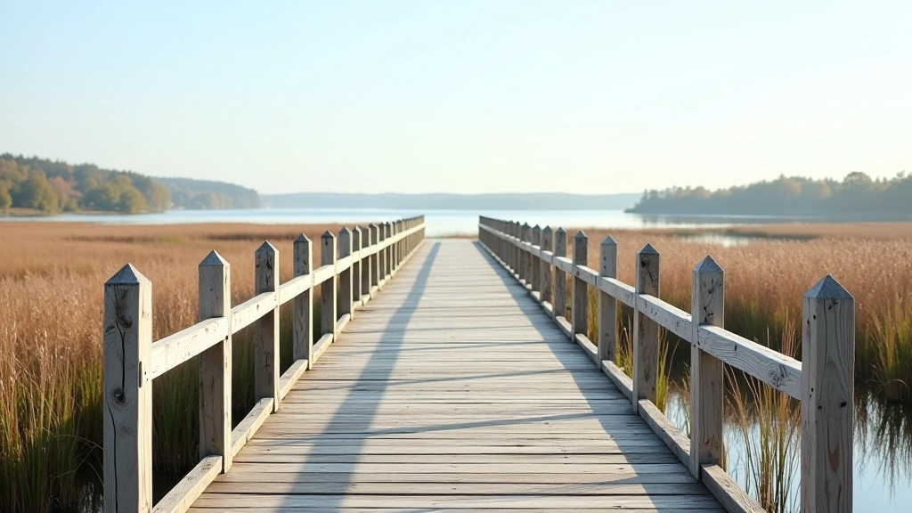 Wooden bird watching platform extending over wetland water with railings, surrounded by reeds and calm water reflecting sky